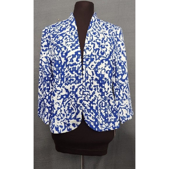 Chico's Size 0 Small White Royal‎ Blue 100% Cotton Eyelet Open Front Jacket - Picture 1 of 11